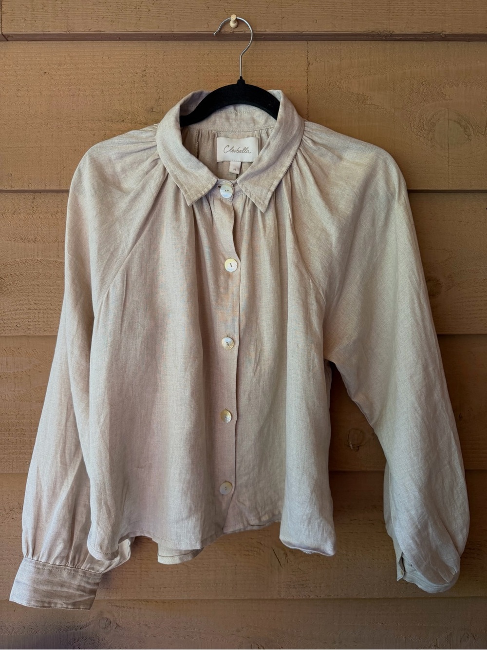 Cleobella 100% Linen Balloon Sleeve Button Up Womens M Beige Boho Blouse Shirt